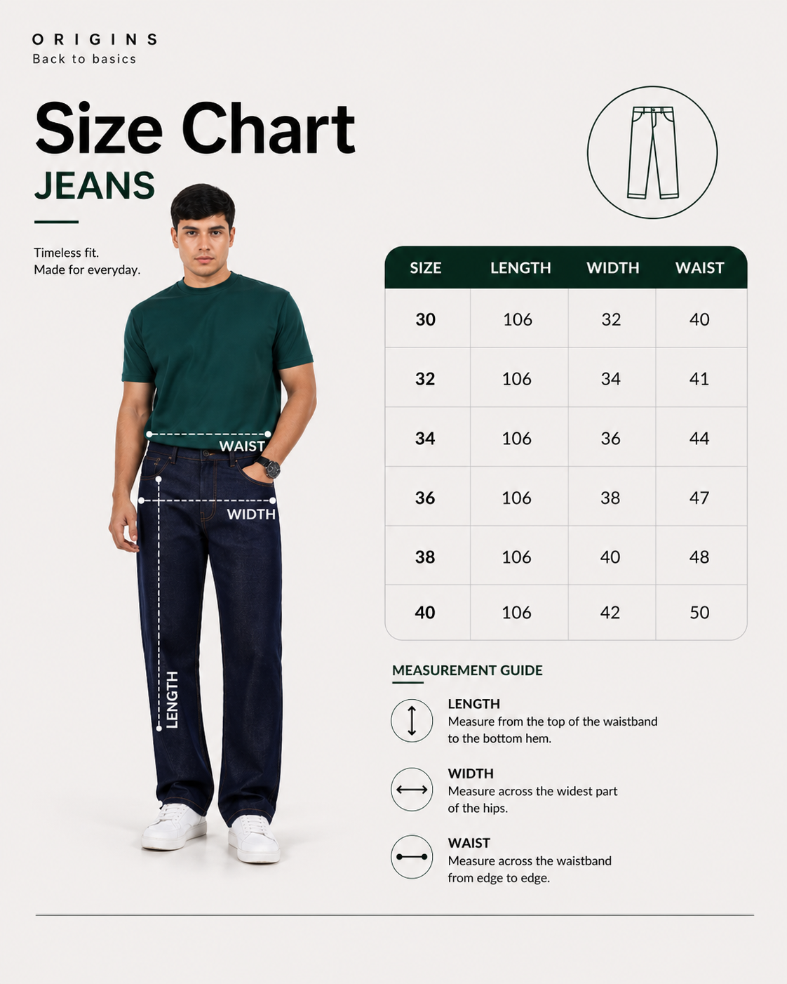 Light blue Denim Jeans size chart