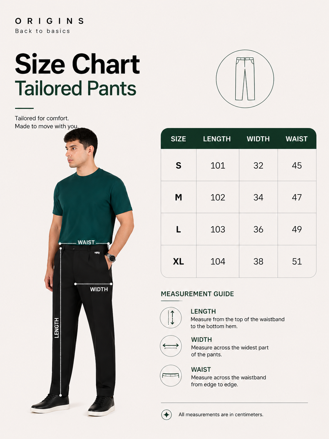 Black Tailored Pants size chart